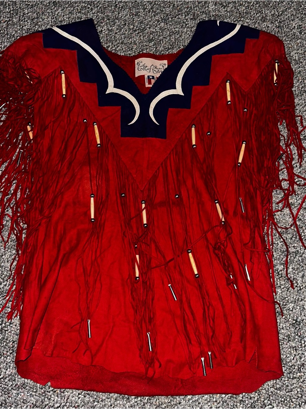 Parker Red Short Sleeve Fringe Tee with Navy & Cream Trim Vintage Western